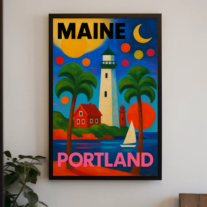 Maine Portland Lighthouse Sailboats Palms Vintage Travel Poster