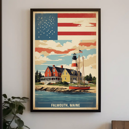 Falmouth Maine Lighthouse Harbor Scene Vintage Travel Poster