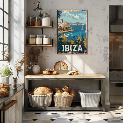 Ibiza Cliffside Town and Sailing Bay Travel Poster