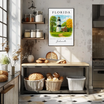 Jacksonville Florida Lighthouse Cottage Autumn Trees Travel Poster