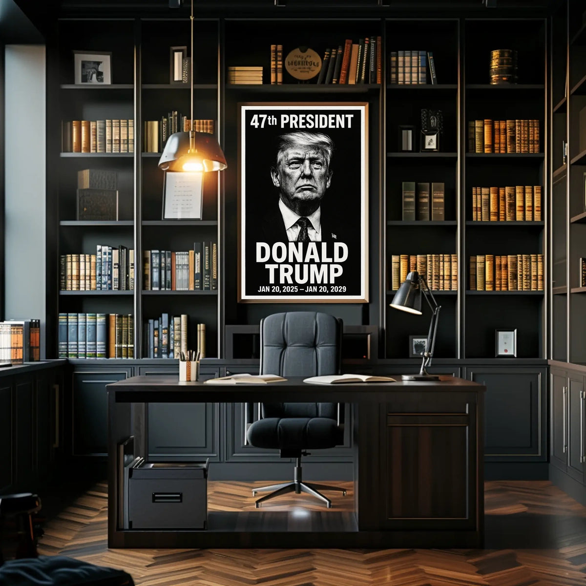 Trump Visionary Leader Cinematic Realism Patriotic Portrait American Flag Legacy Inspire Poster