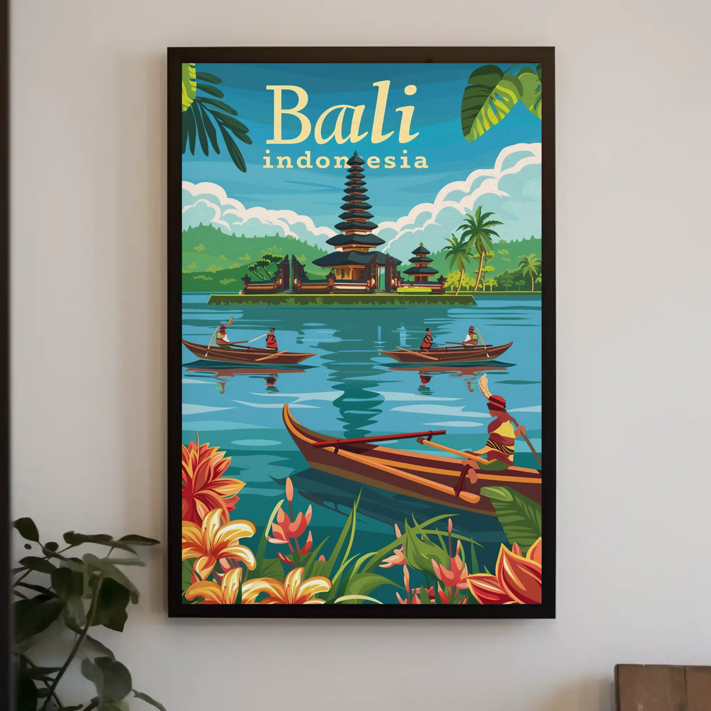 Bali Indonesia Vintage Travel Poster - Temple & Canoes