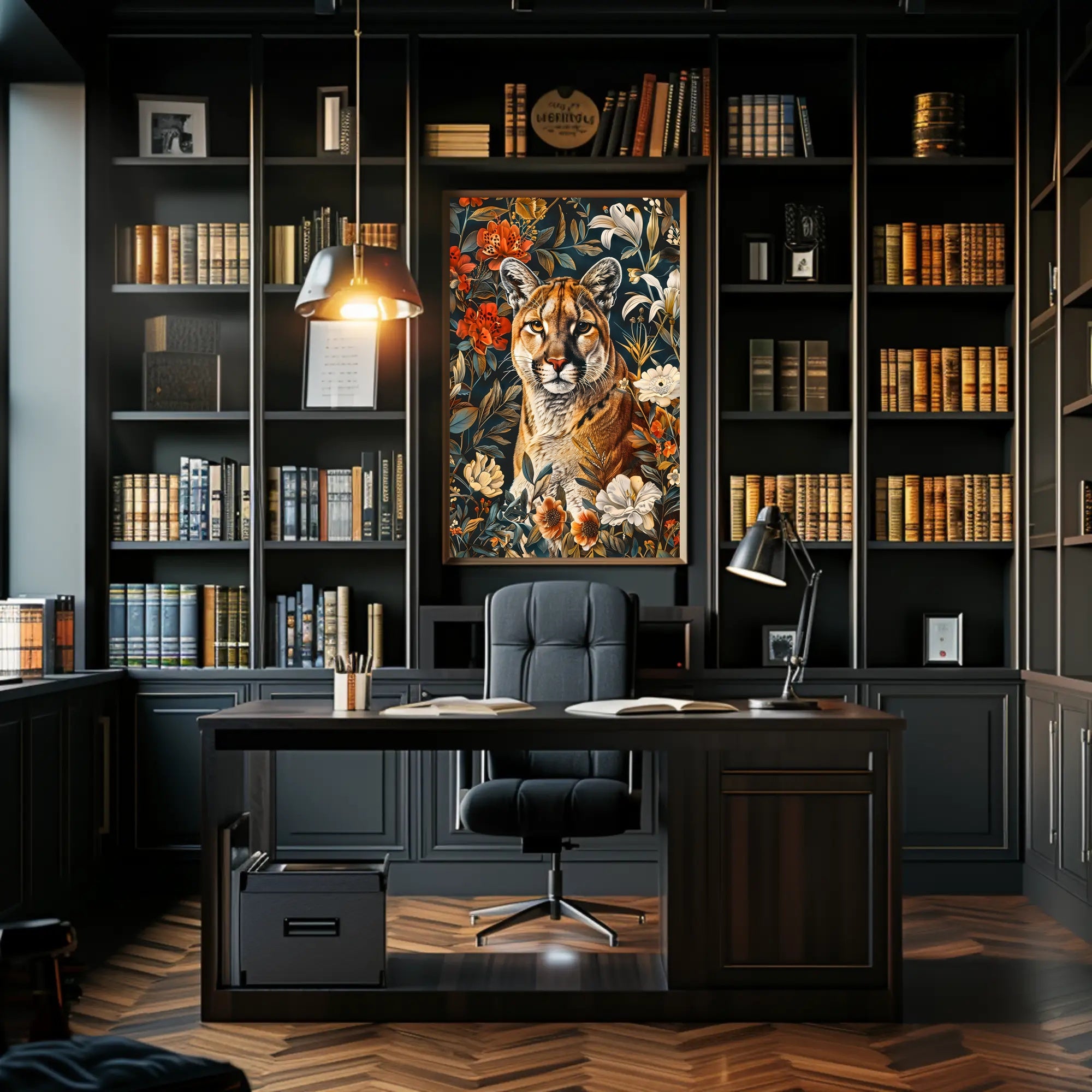 Majestic Cougar Floral Wall Art Print