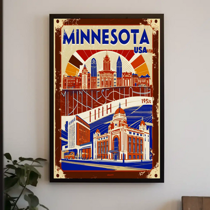 Minnesota USA 1950s Civic Skyline Vintage Travel Poster