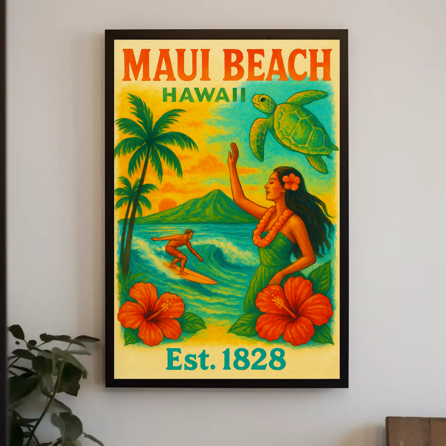 Maui Beach Hawaii Surf Dancer Est 1828 Vintage Travel Poster