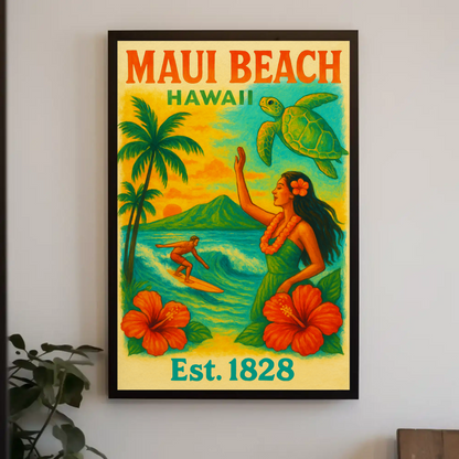 Maui Beach Hawaii Surf Dancer Est 1828 Vintage Travel Poster
