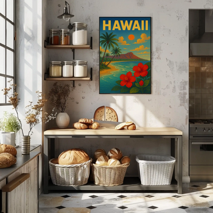 Hawaii Sunset Coastline Hibiscus Beach Travel Poster