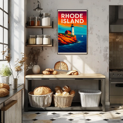 Rhode Island Coast Lighthouse Ocean Sunset Travel Poster