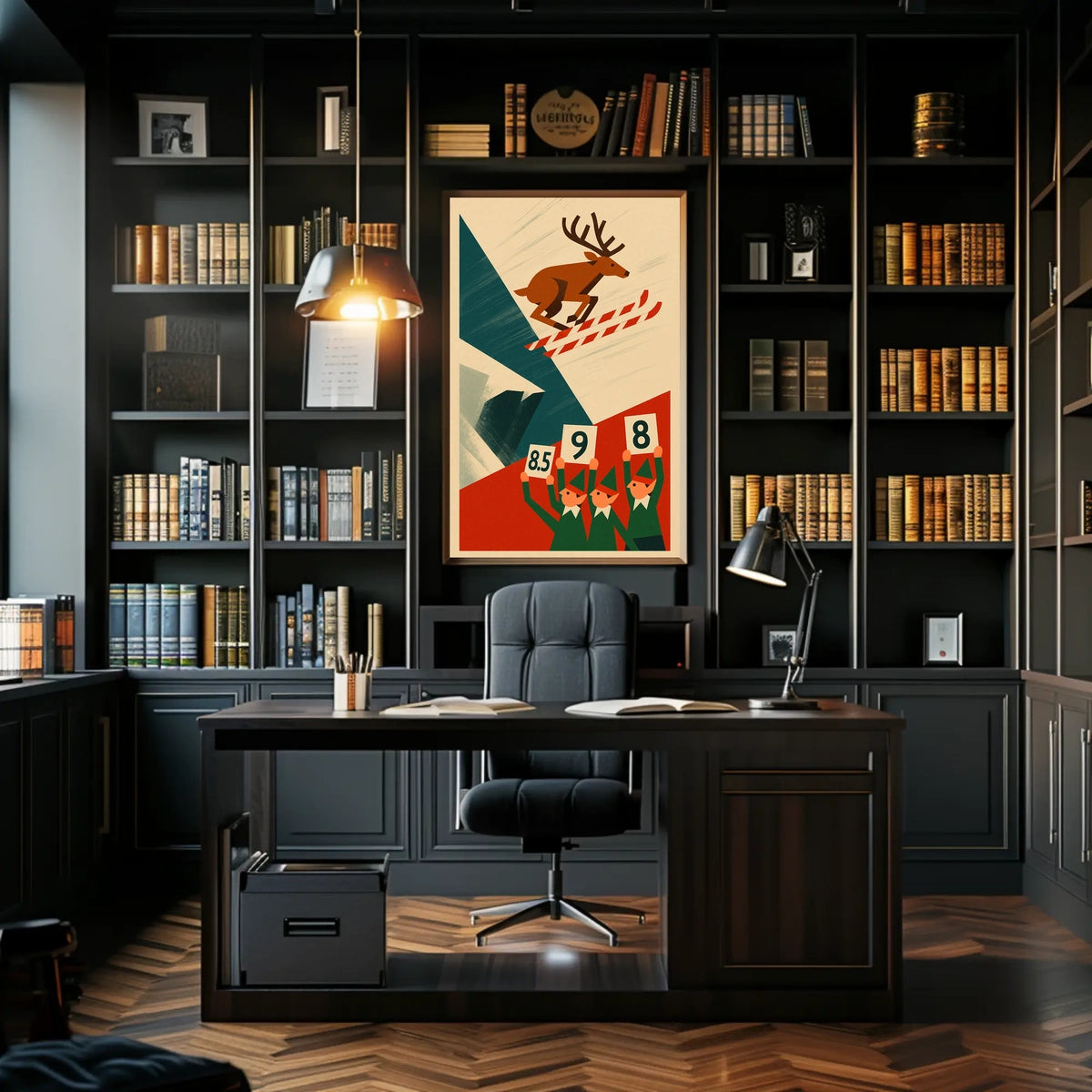 Whimsical Skiing Reindeer Retro Art Sports Poster