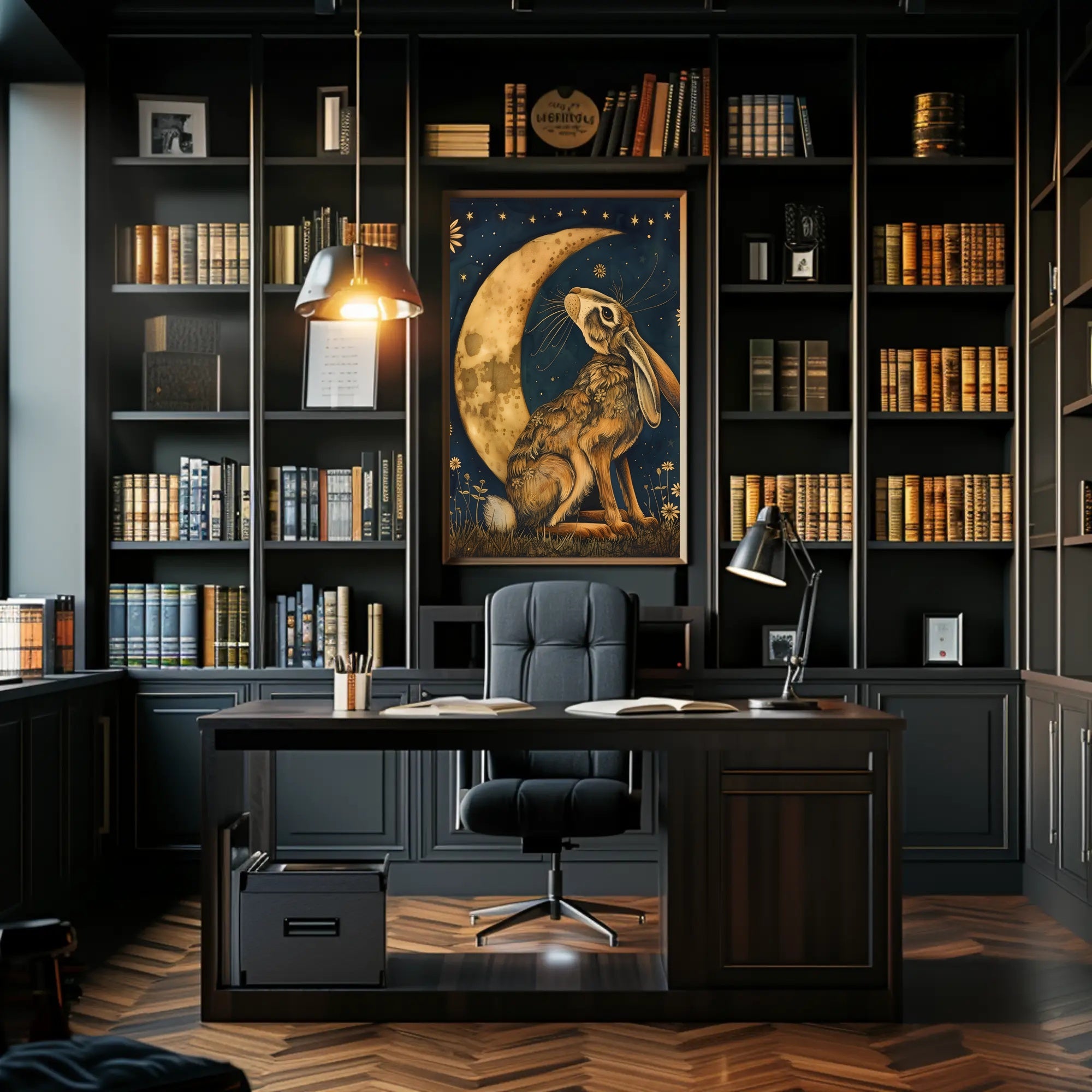 Moonlit Hare Fantasy: Whimsical Animal Nighttime Poster