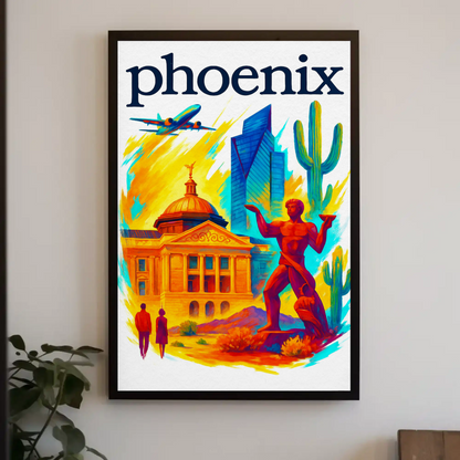 Phoenix Capitol Cactus Statue Airplane Desert Vintage Travel Poster