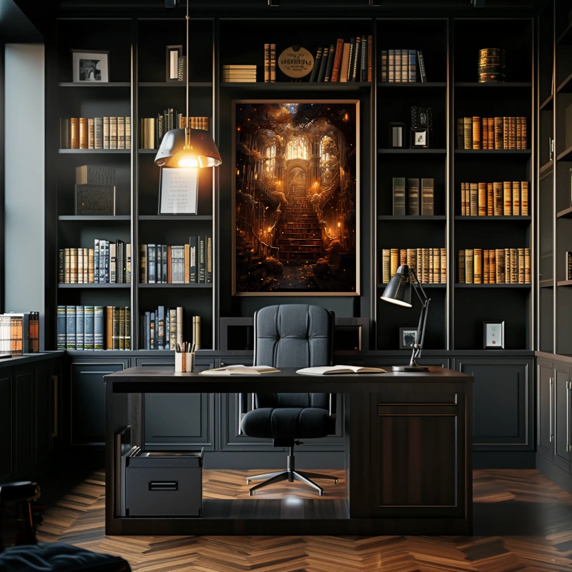 Enchanted Library Staircase Poster