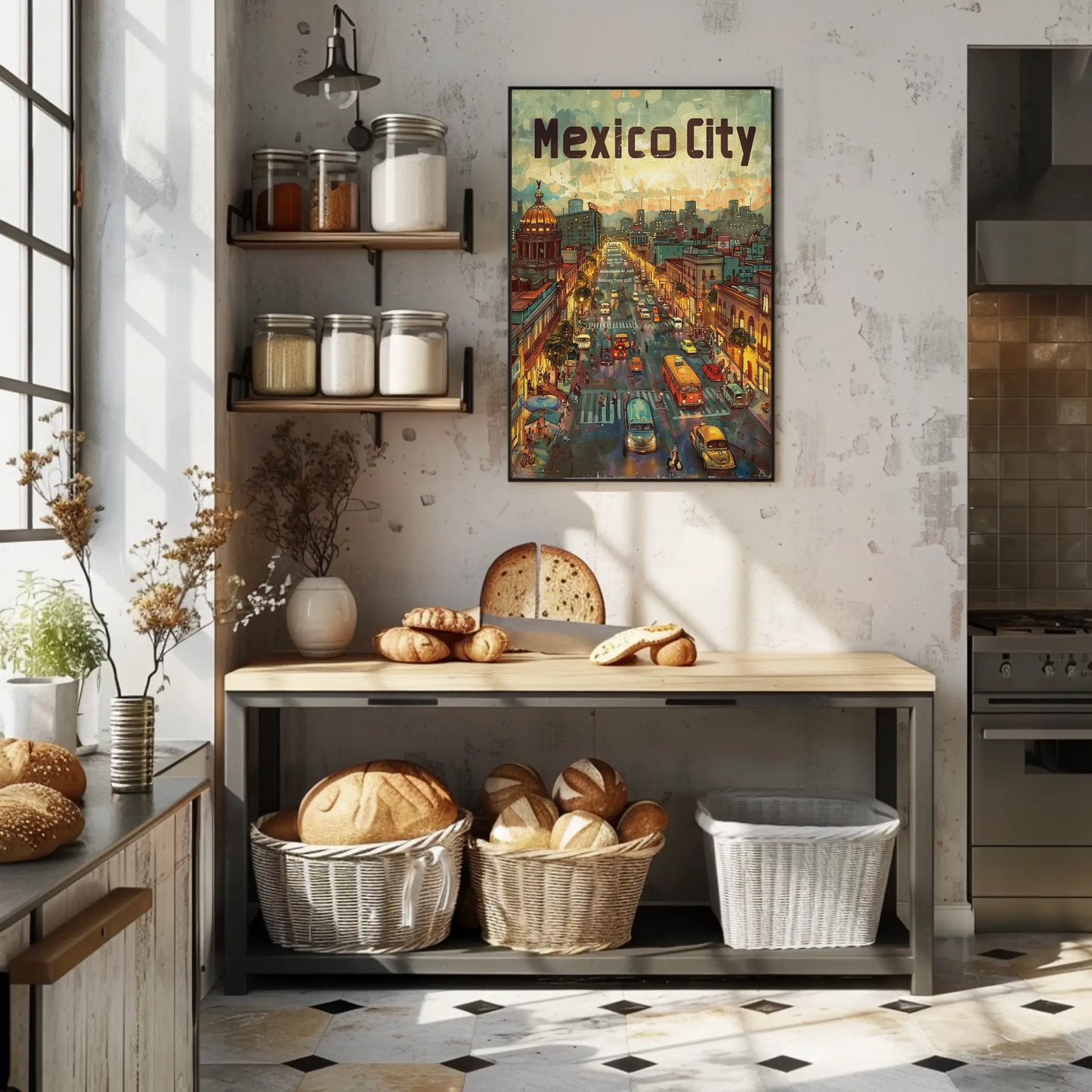 Mexico City Urban Nightlife Lanterns Travel Poster