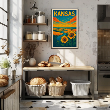 Kansas Sunflower Fields River Prairie Landscape Travel Poster