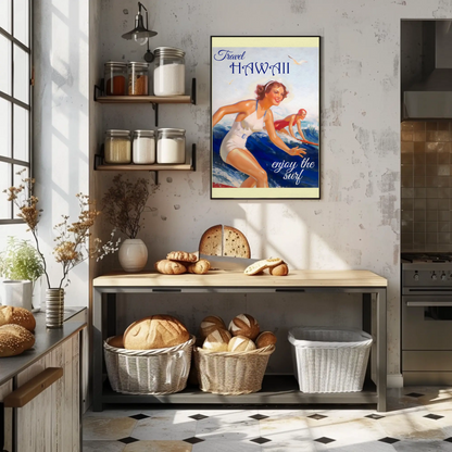 Hawaii Vintage Women Surfing Ocean Retro Travel Poster