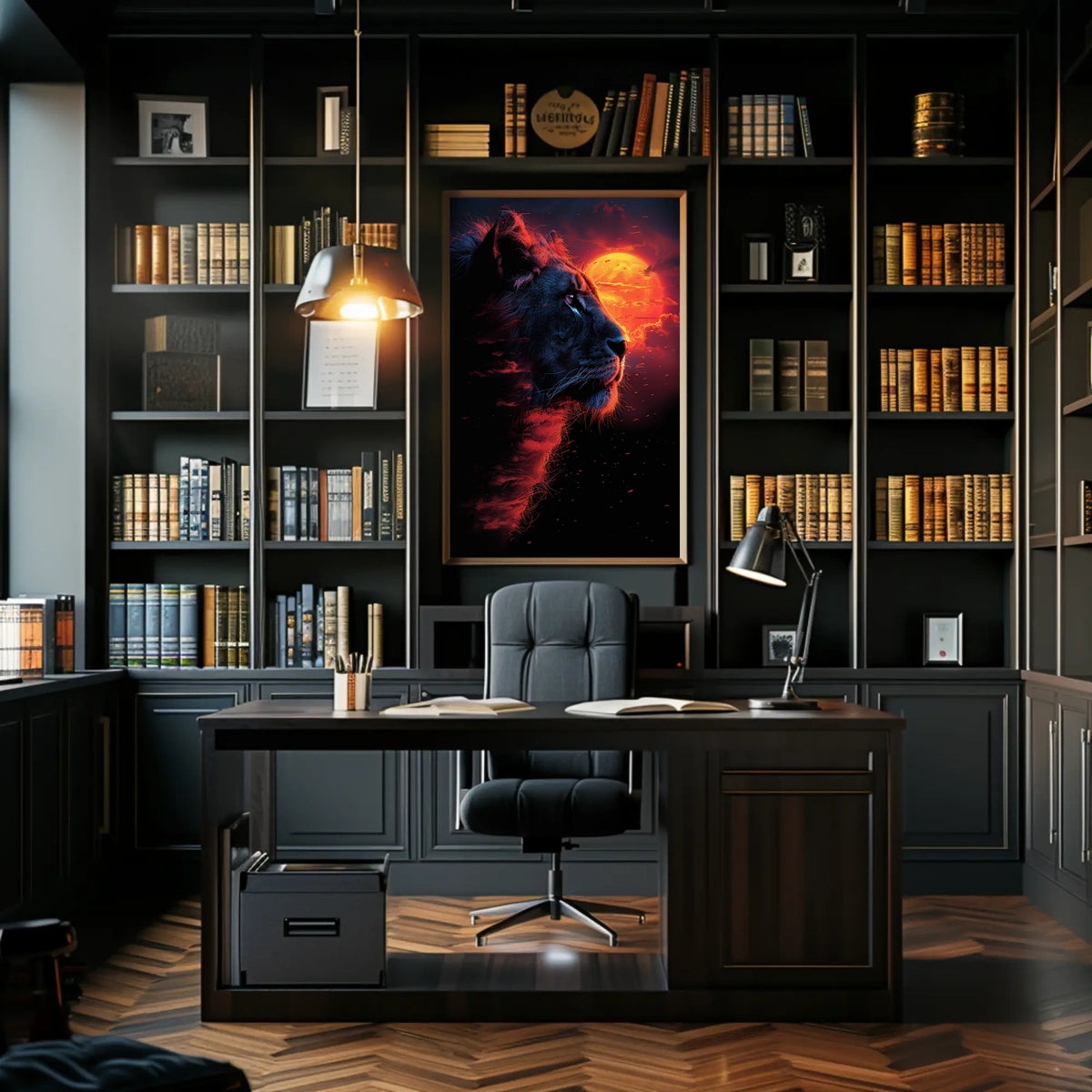 Majestic Lion at Fiery Sunset Art Poster