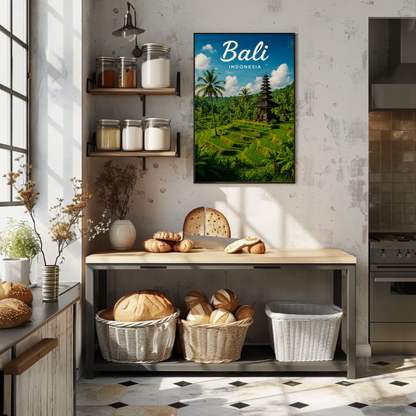 Bali Indonesia Rice Fields Temple Travel Poster