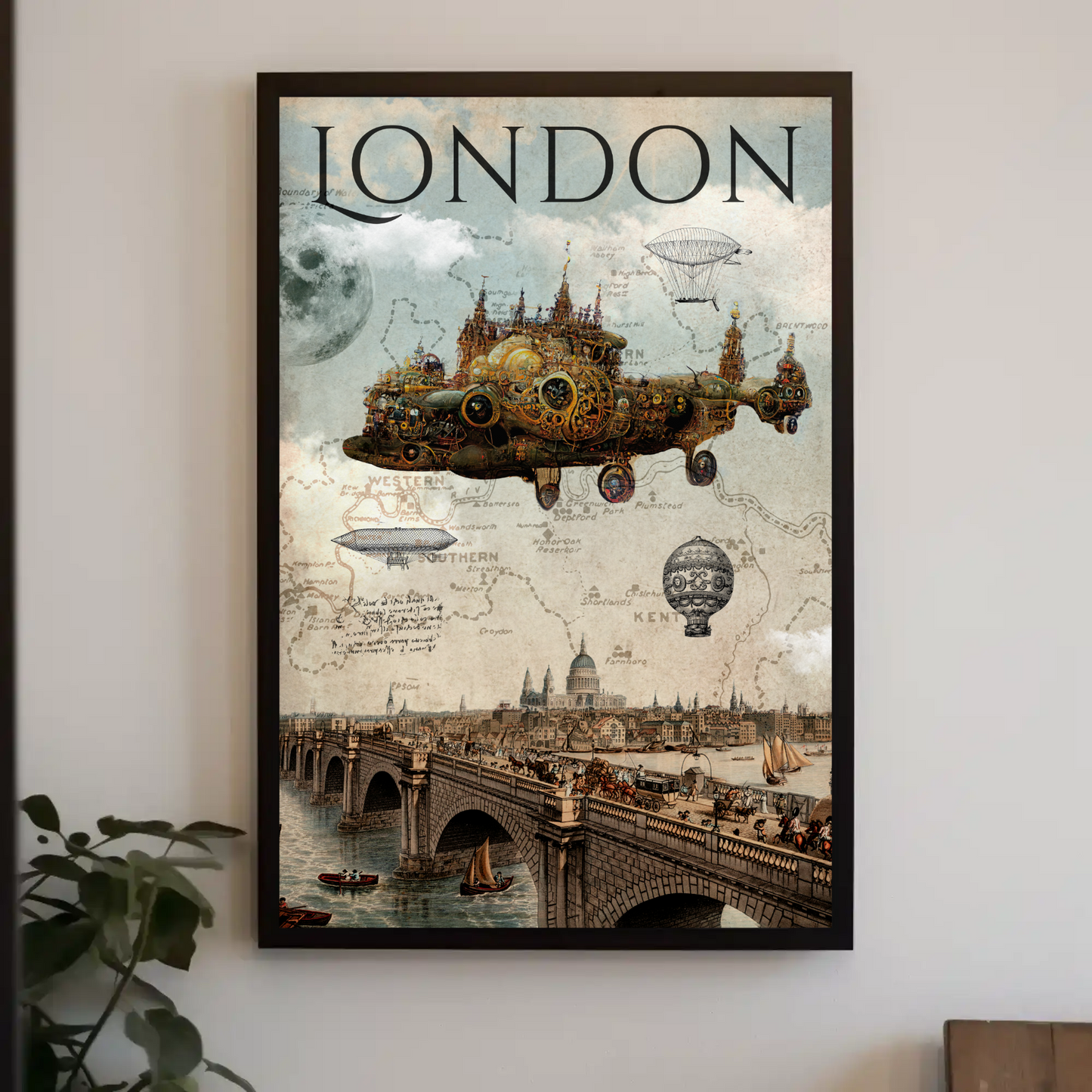 London Steampunk Flying City Bridge Fantasy Poster