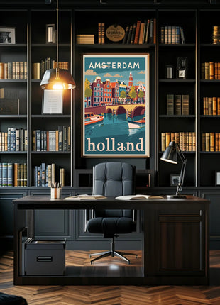 Amsterdam Canal Houses Scenic Vintage Travel Poster