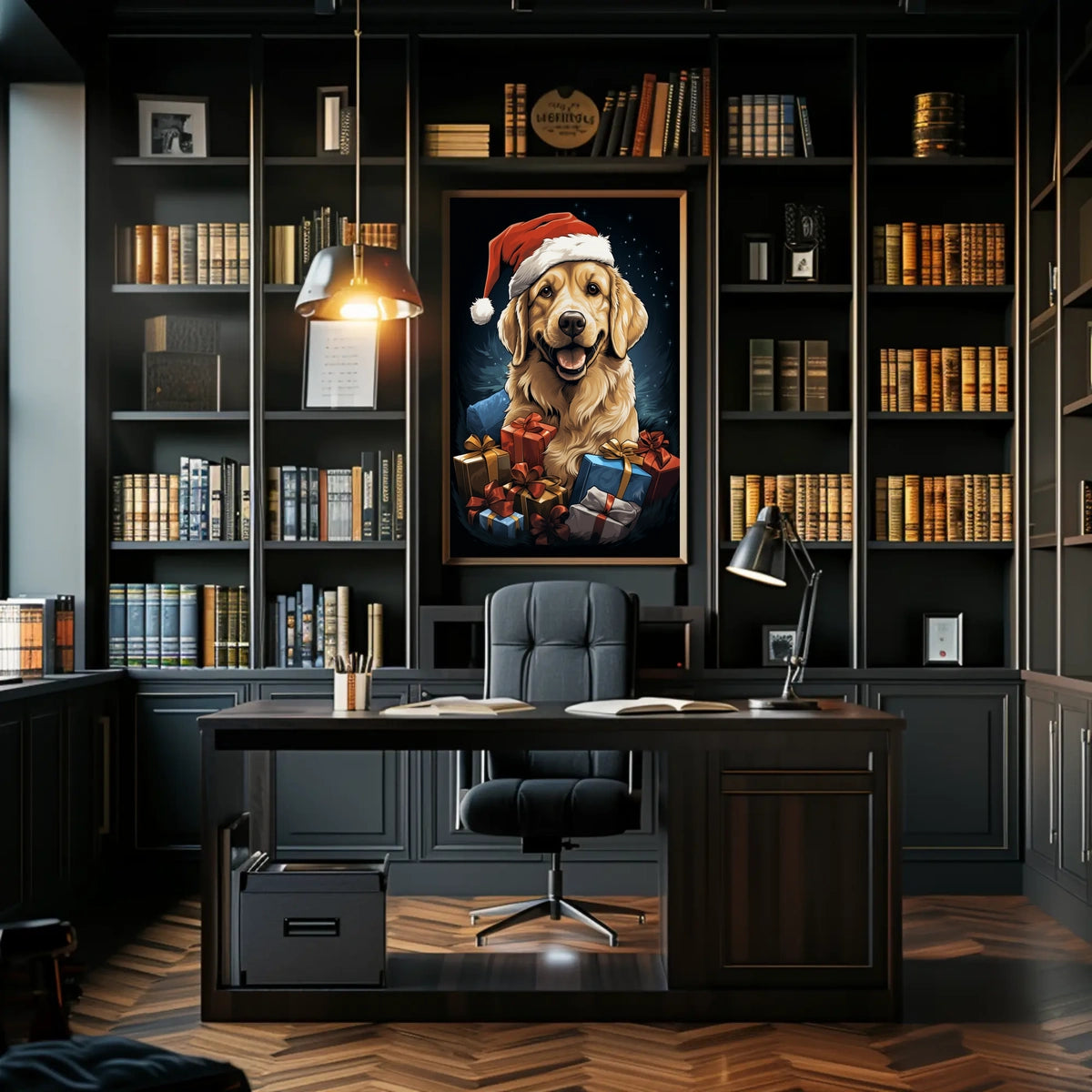 Golden Retriever Christmas Poster with Santa Hat