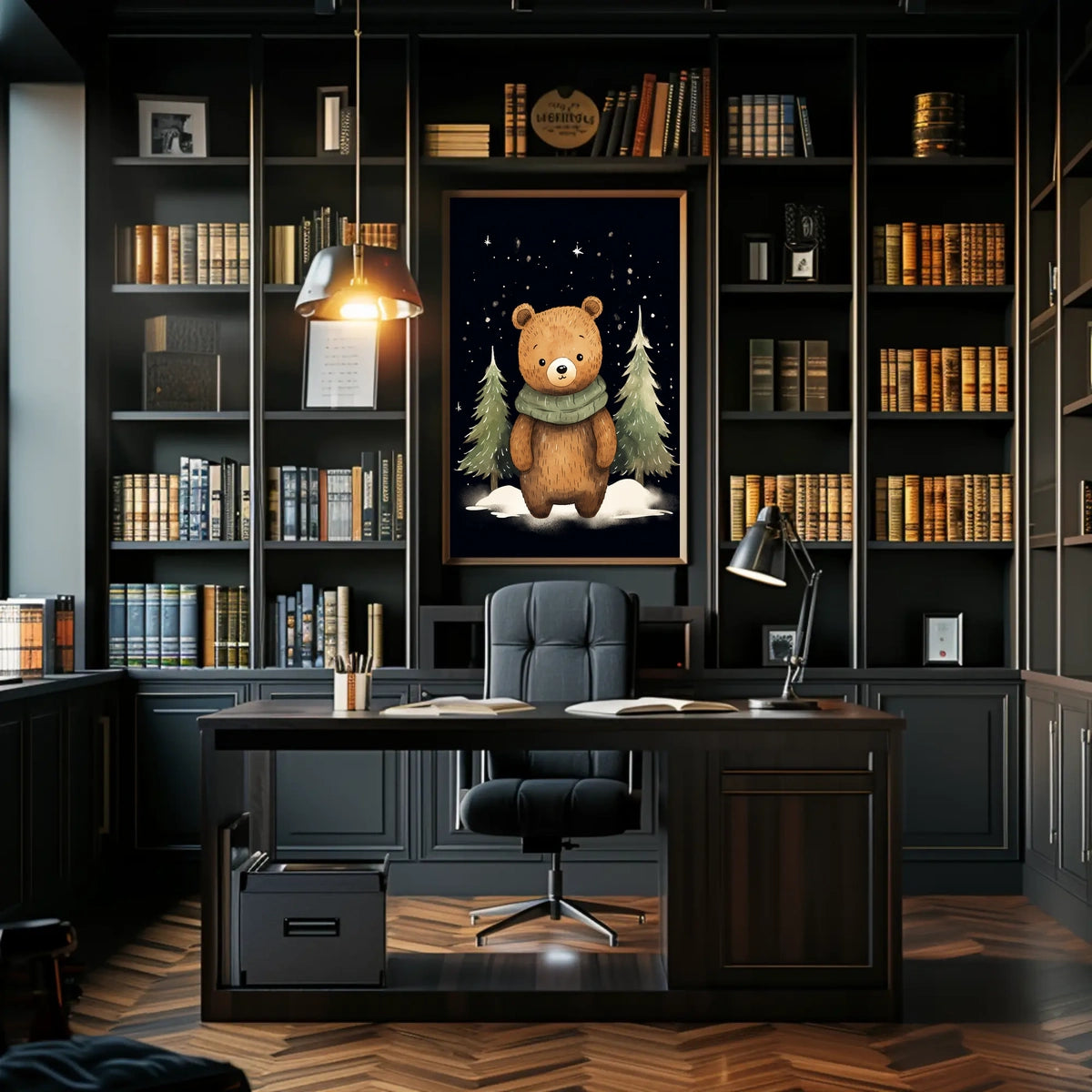 Whimsical Bear Winter Night Scene Art Poster