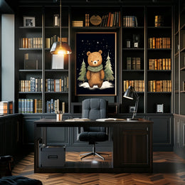 Whimsical Bear Winter Night Scene Art Poster