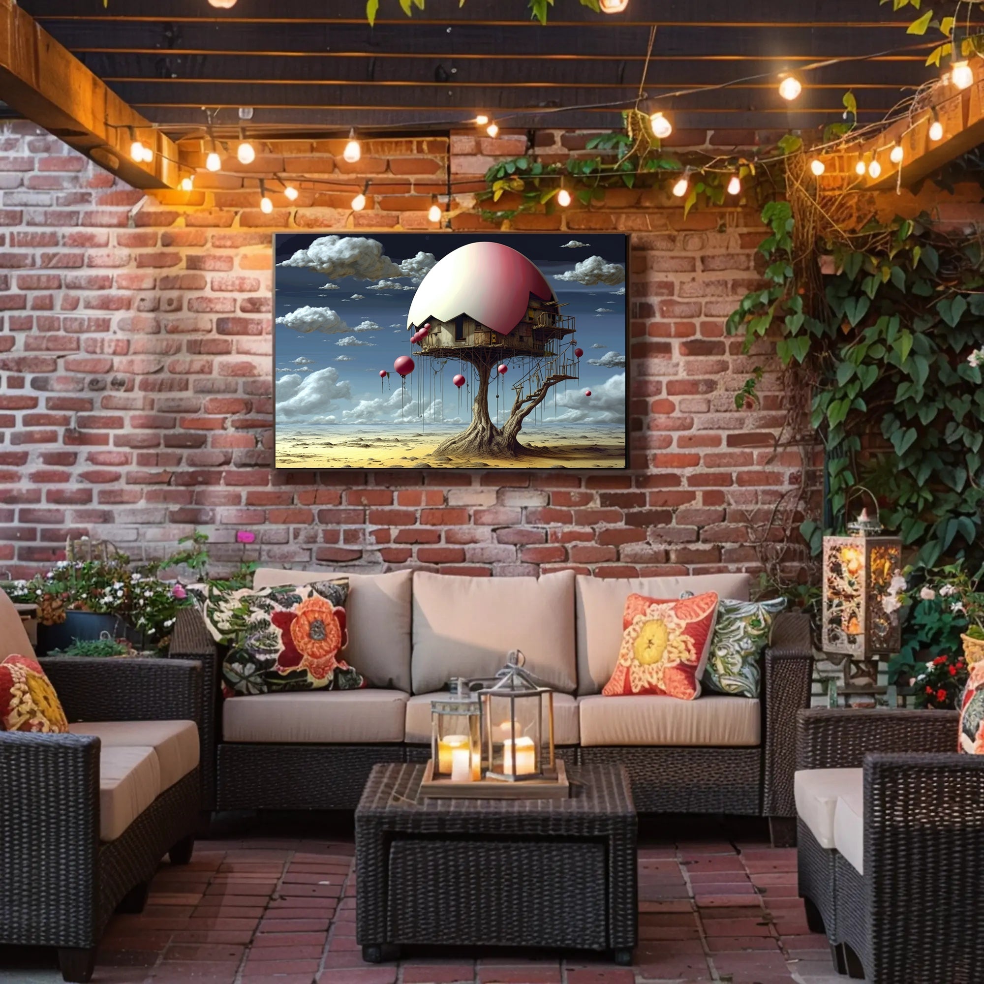 Surreal Desert House with Whimsical Balloons Artistic Poster