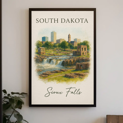 Sioux Falls South Dakota City Waterfall Vintage Travel Poster