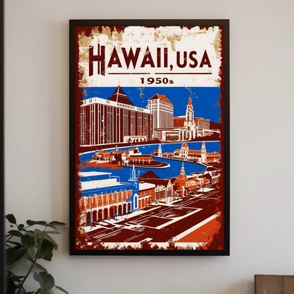 Hawaii USA 1950s Island Life Vintage Maroon Travel Poster