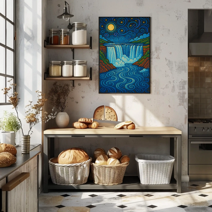 Starry Waterfall Night Moon Swirling Travel Poster