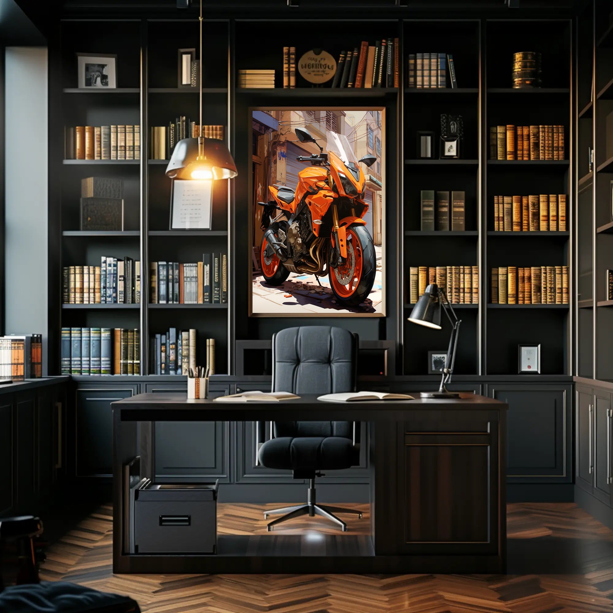 Vibrant Urban Motorcycle Poster PosterGoat