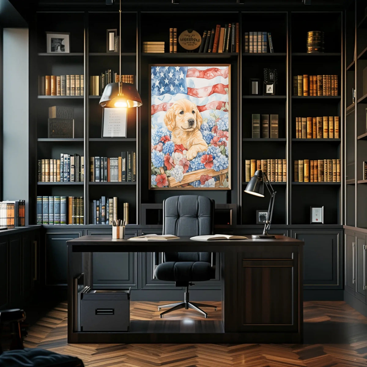 Golden Retriever Puppy In Wagon With American Flags Poster