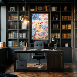 Golden Retriever Puppy In Wagon With American Flags Poster