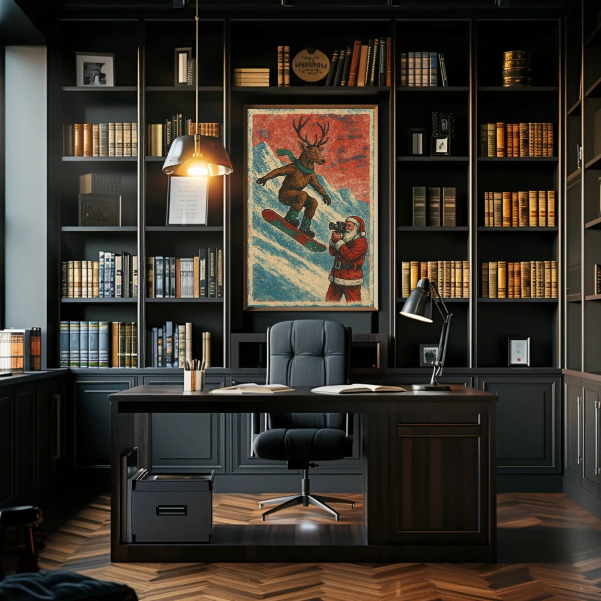 Whimsical Reindeer Snowboarding Vintage Christmas Poster