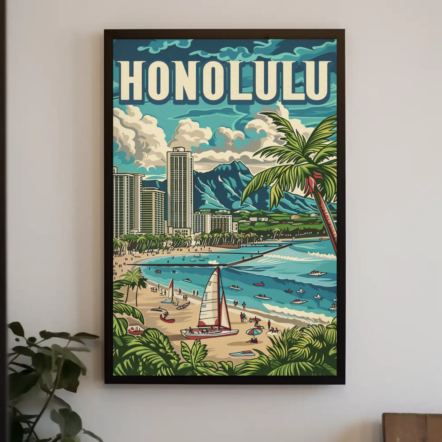 Honolulu Vintage Poster Sailing and Skyscrapers