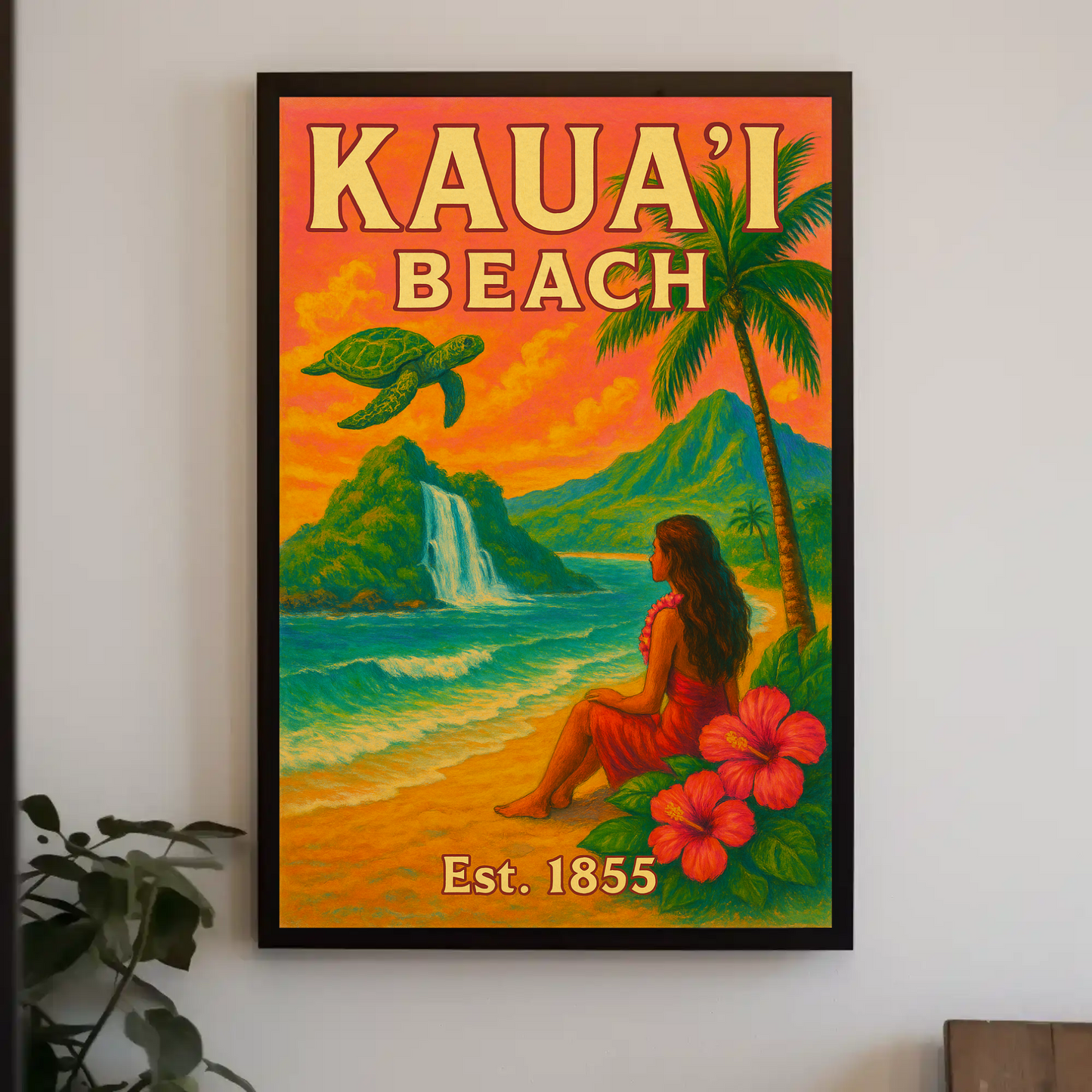 Kauai Beach Hawaii Waterfall Turtle Est 1855 Vintage Travel Poster