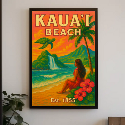 Kauai Beach Hawaii Waterfall Turtle Est 1855 Vintage Travel Poster