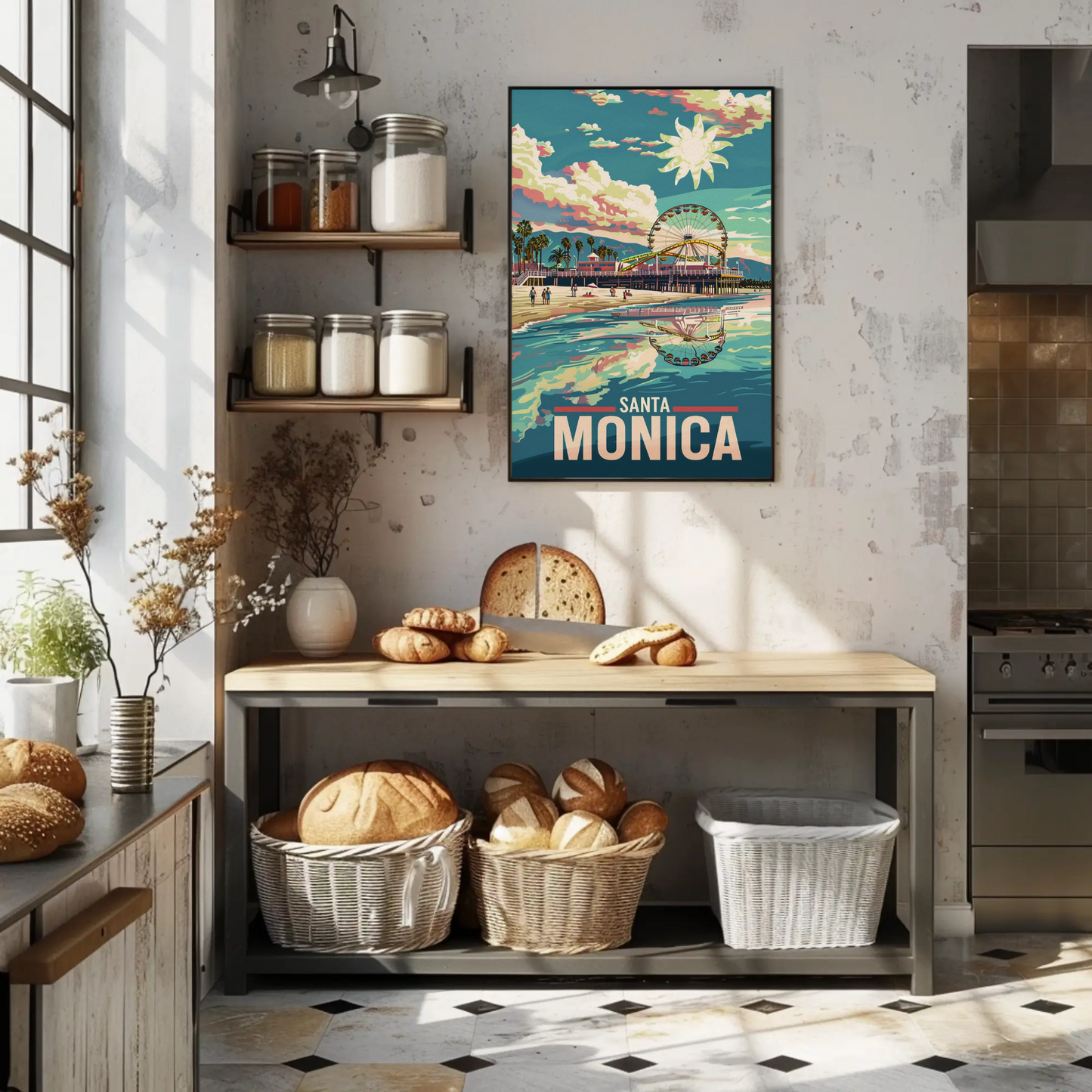 Santa Monica Reflection Ferris Wheel Beachfront Sunset Travel Poster