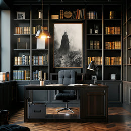 Mysterious Cloaked Figure in Foggy Terrain Fantasy Poster PosterGoat