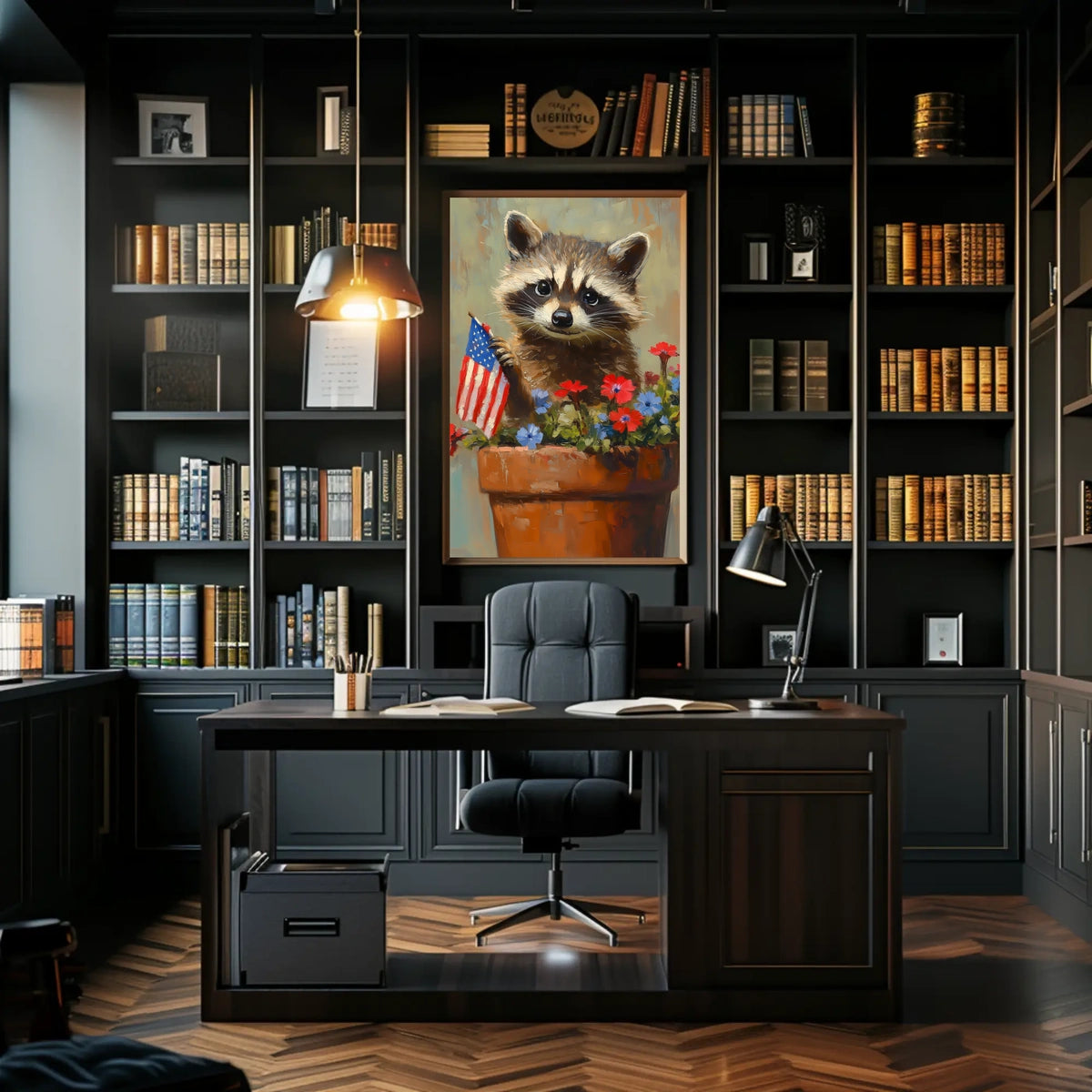 raccoon popping out of a large clay flowerpot Poster