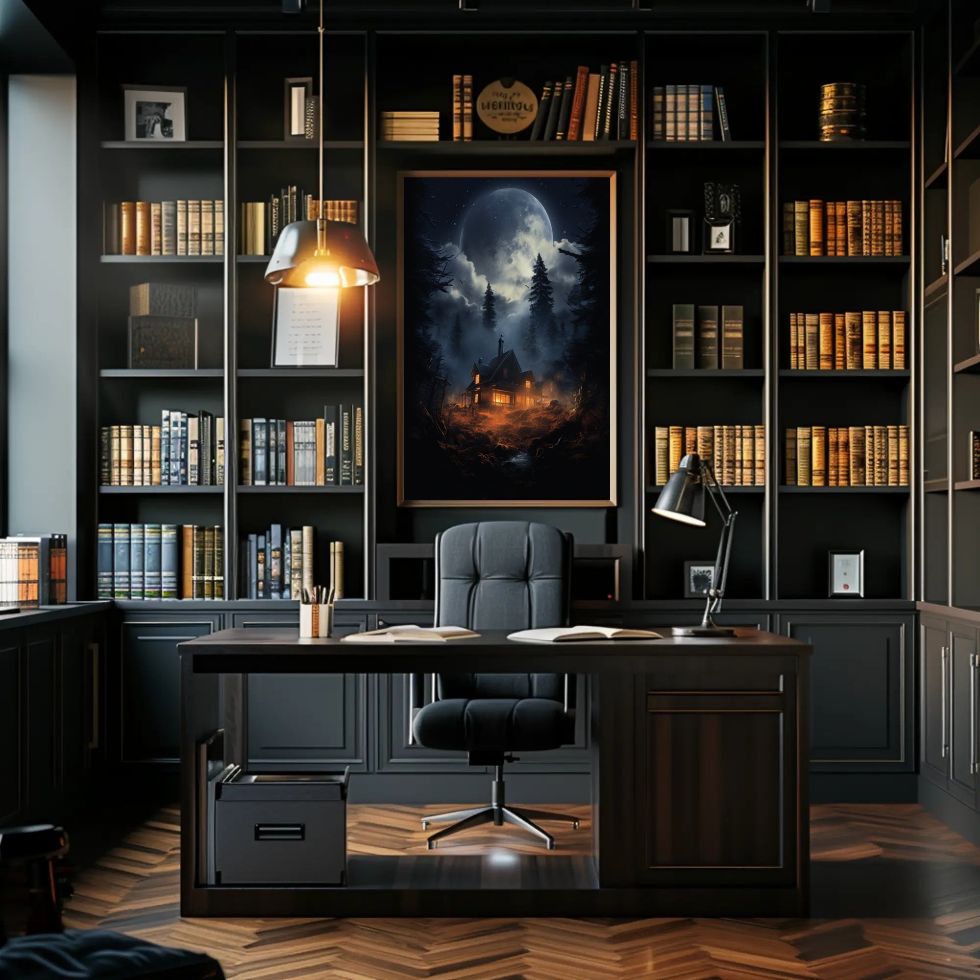 Moonlit Cabin In The Woods Poster