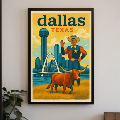 Dallas Cowboy Longhorn Skyline Bridge Sphere Vintage Travel Poster Wall Art