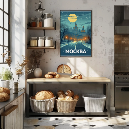 Moscow Russia Winter Night Skyline Travel Poster