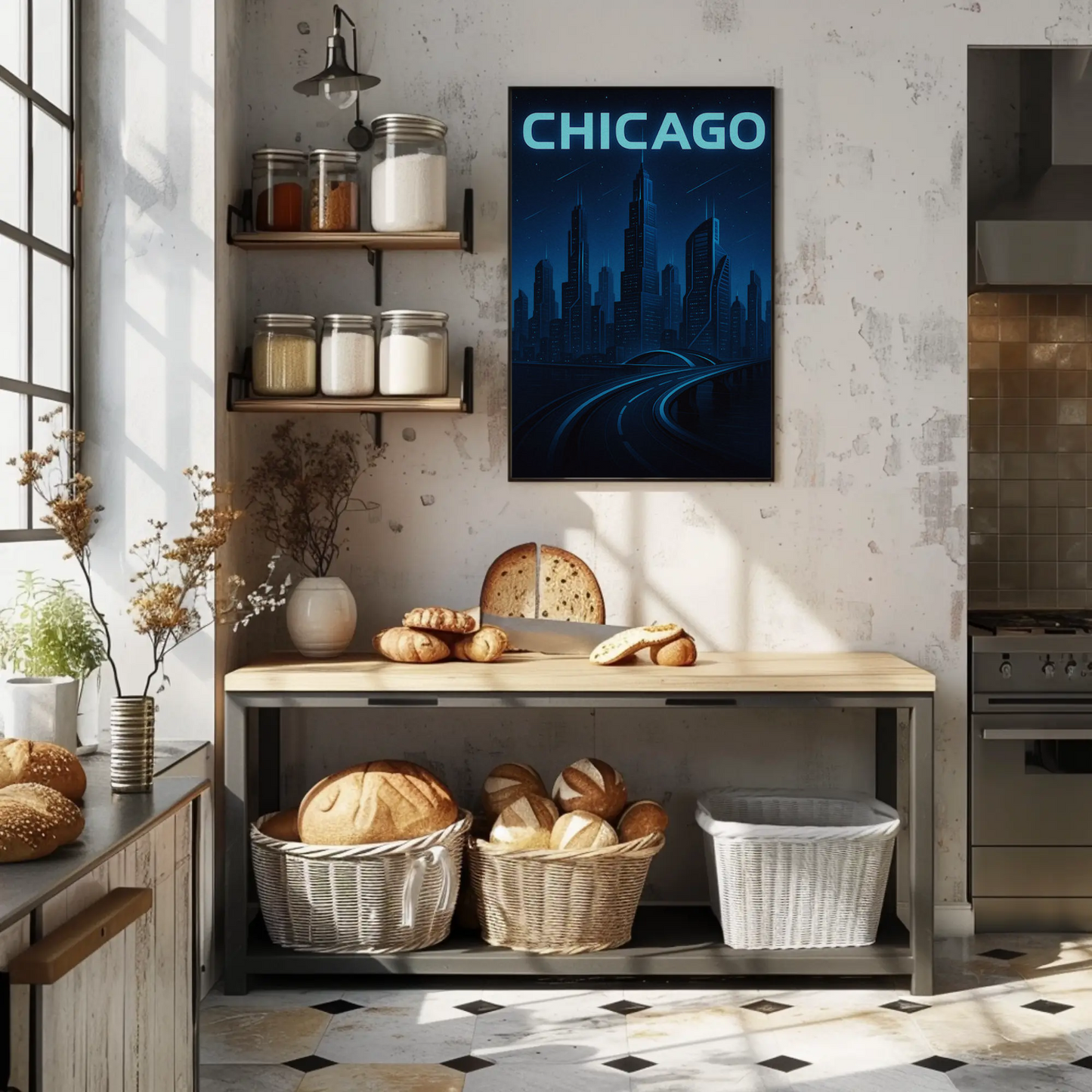 Chicago Futuristic Night Cityscape Blue Lights Travel Poster