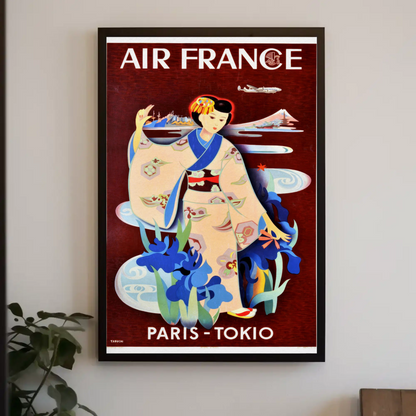 Paris To Tokyo Air France Geisha Vintage Travel Poster