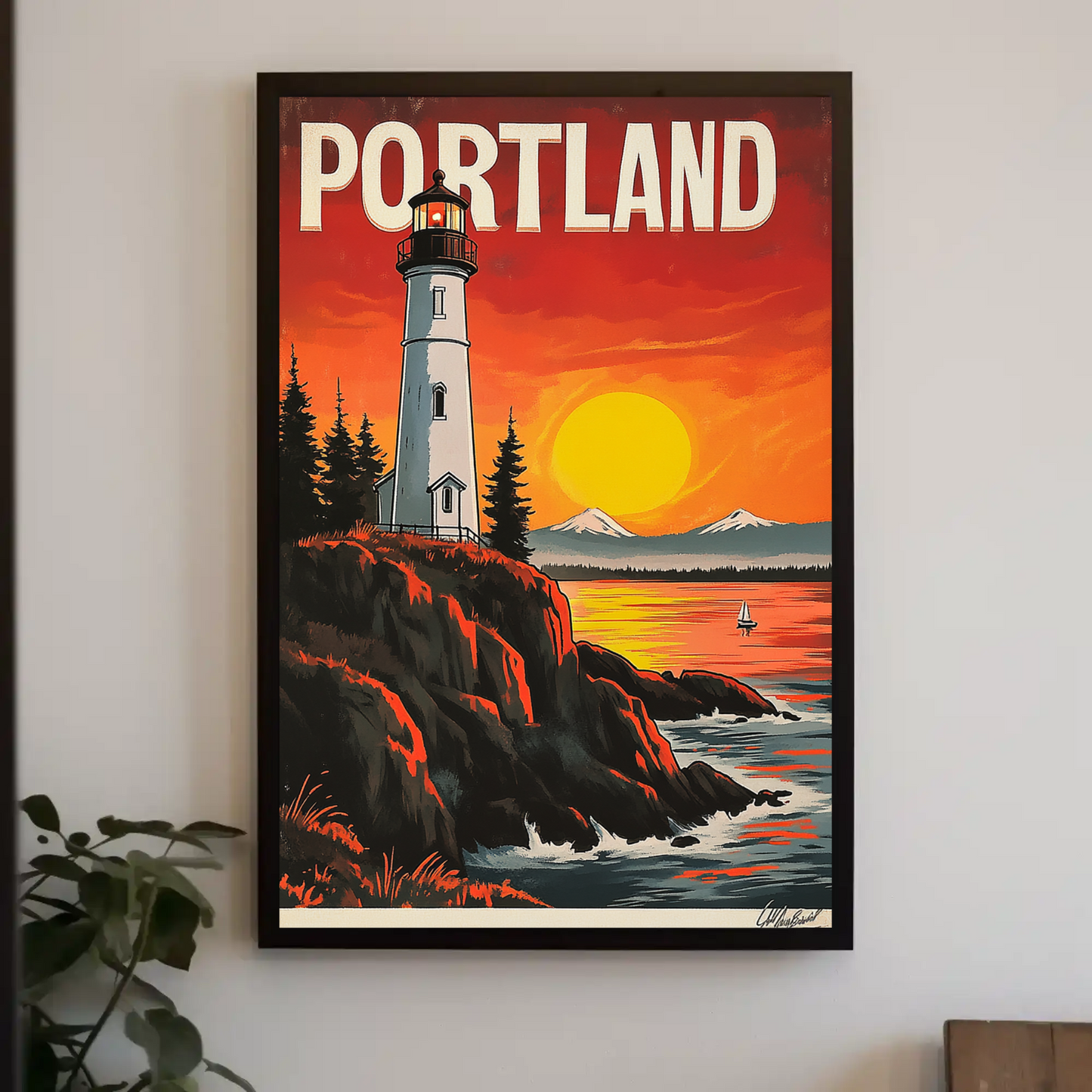 Portland Vintage Poster - Lighthouse at Sunset