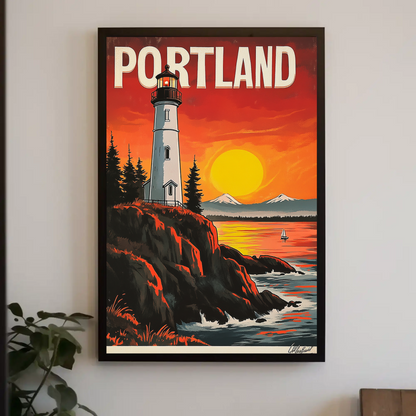 Portland Vintage Poster - Lighthouse at Sunset