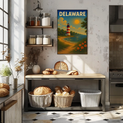 Delaware Striped Lighthouse Sunset Beach Travel Poster