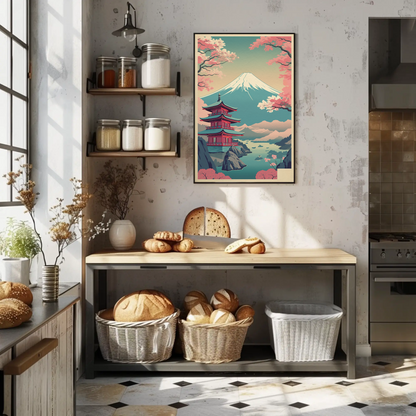 Japan Fuji Lake Pagoda Sakura Canoe Trees Travel Poster