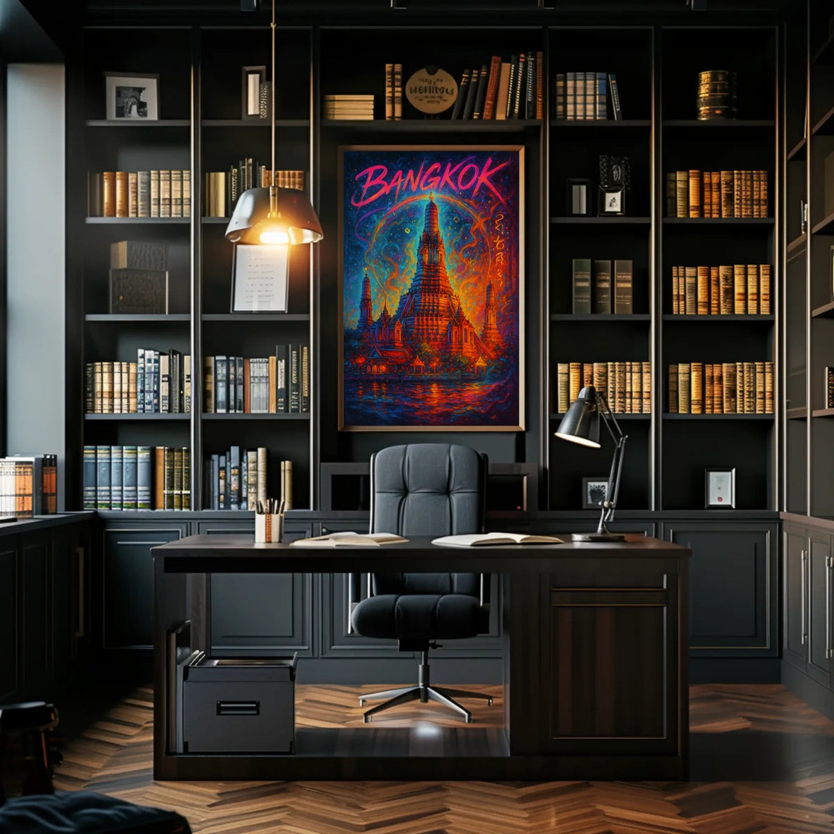 This vibrant poster art depicts an iconic temple in Bangkok, Thailand, likely the Travel Poster